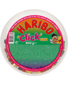 Haribo Click Mix 800g pose med frugtgummi, skumfiduser, lakrids og dragéer