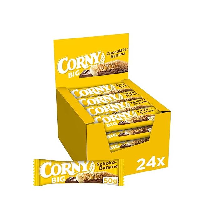 CORNY BIG Chokolade-Banan Müsli-bar 24×50g med fuldkornsflager, bananstykker og chokolade