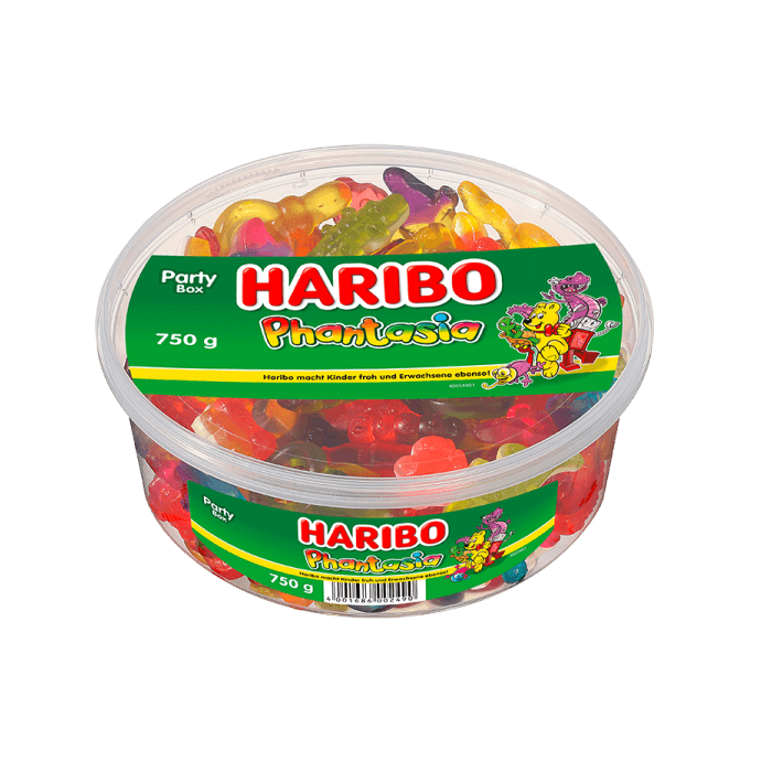 Haribo Phantasia 750g bøtte med farverige frugtgummier og skumfiduser Haribo Phantasia 750g bøtte med farverige frugtgummier og skumfiduser